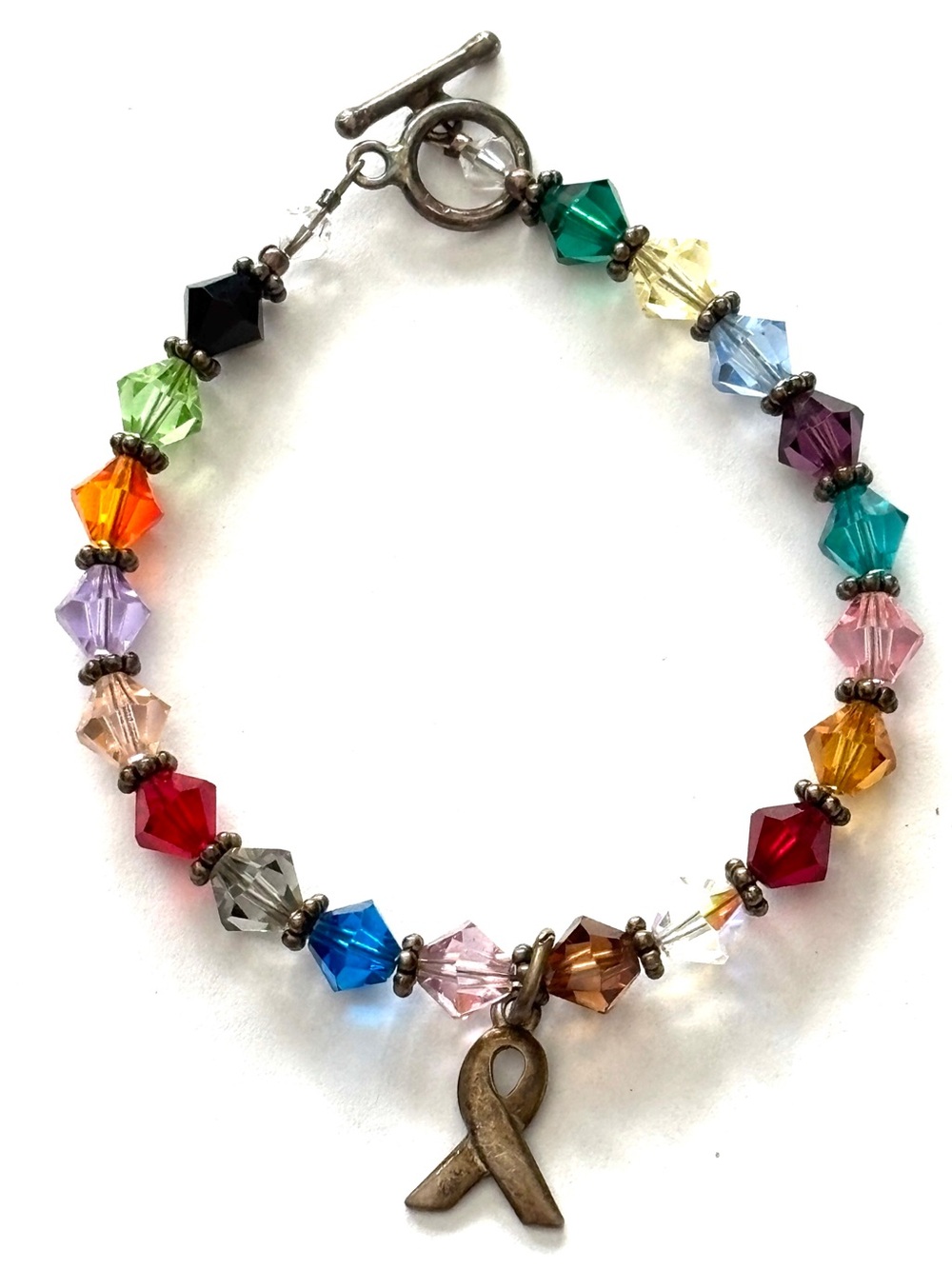 Sterling Silver Multicolor Crystal Breast Cancer Ribbon STC 925 Bracelet 6.5โ
